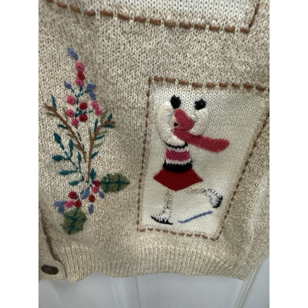 Alfred Dunner Holiday Christmas Cardigan Beige M Embroidered 3D Grandma Cottage
